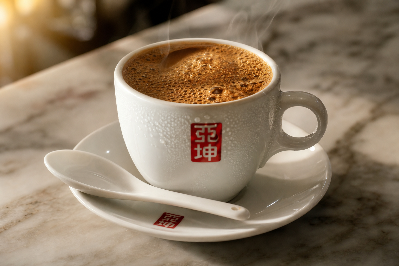 Close-up of kopi in a white ceramic cup on a marble table