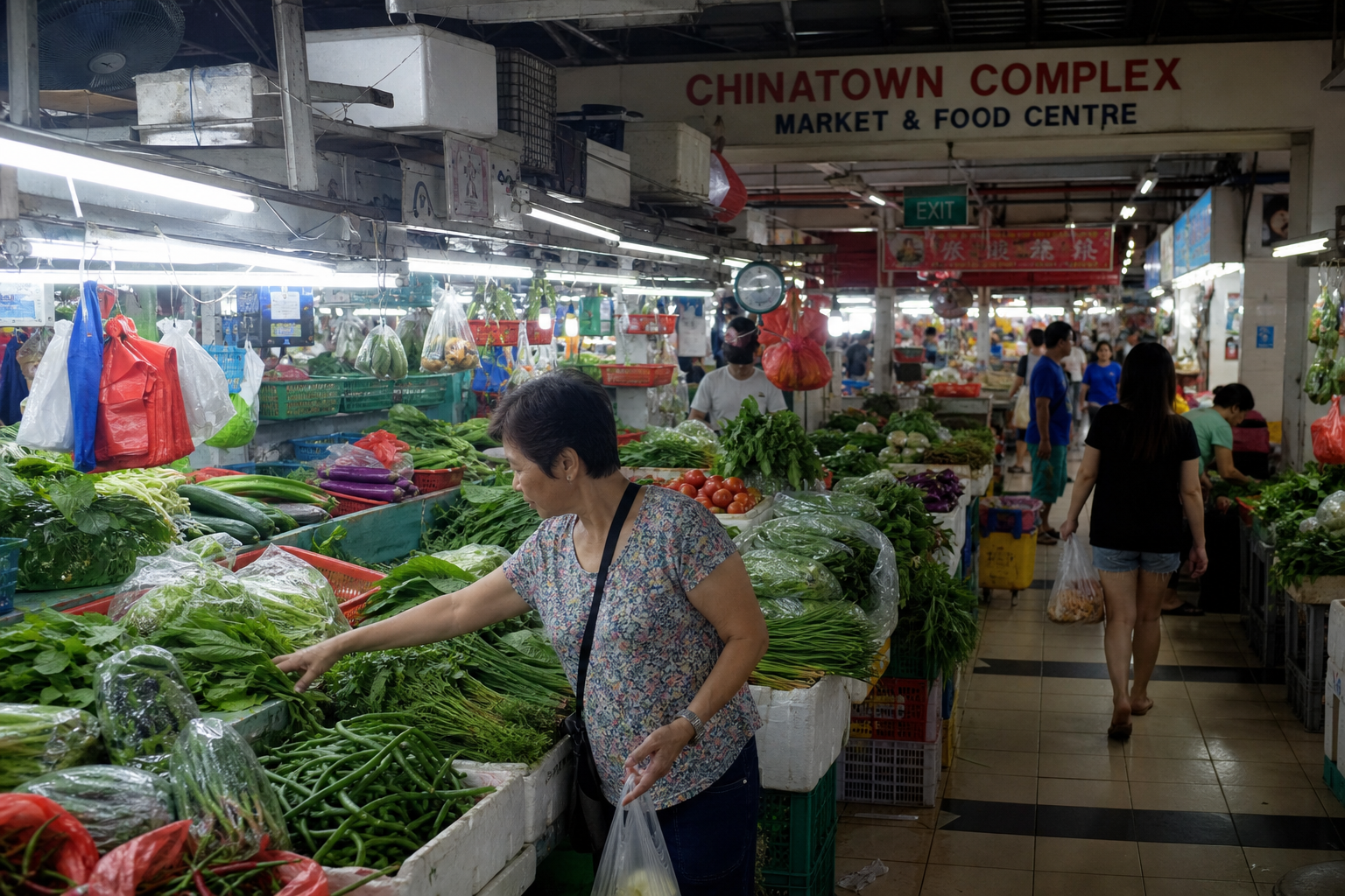 Vegetable stalls at Chinatown Complex market and food centre